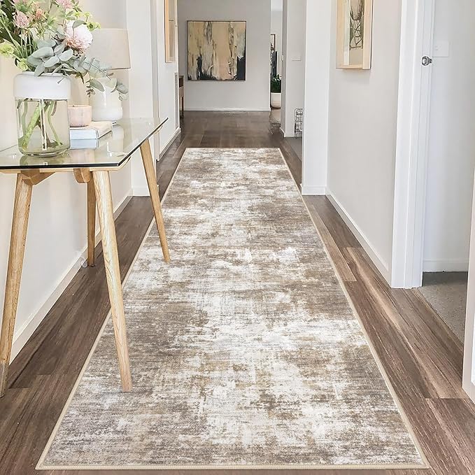 IOHOUZE Abstract Runner Rug 3x10 Ft Washable Runners for Hallways, Non Slip Kitchen Runner Printed Faux Wool Entryway Runner Indoor, Modern Abstract Floor Carpet for Hall Kitchen Bedroom, Beige Brown