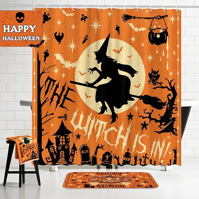 8 Pcs Halloween Shower Curtain Set for Bathroom Include Witch Shower Curtain Black Cat Towels Non Slip Rugs Toilet Lid Cover Spooky Pumpkin Bath Mat and 12 Hooks for Halloween Bathroom Decor