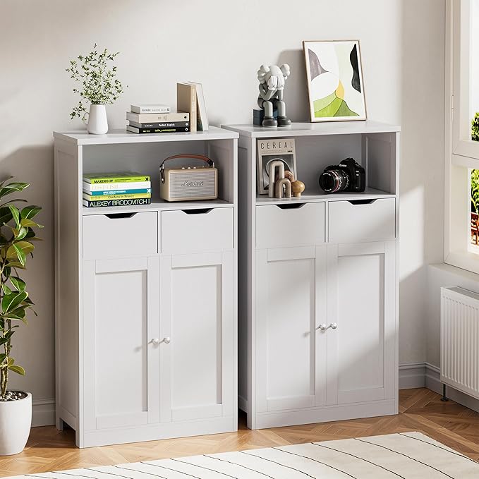 Vongrasig Bathroom Storage Cabinet, Freestanding Pantry Cabinet with 2 Drawers and Adjustable Shelves, Wooden Floor Storage Organizer for Bathroom, Living Room, Kitchen, Entryway, Farmhouse, White