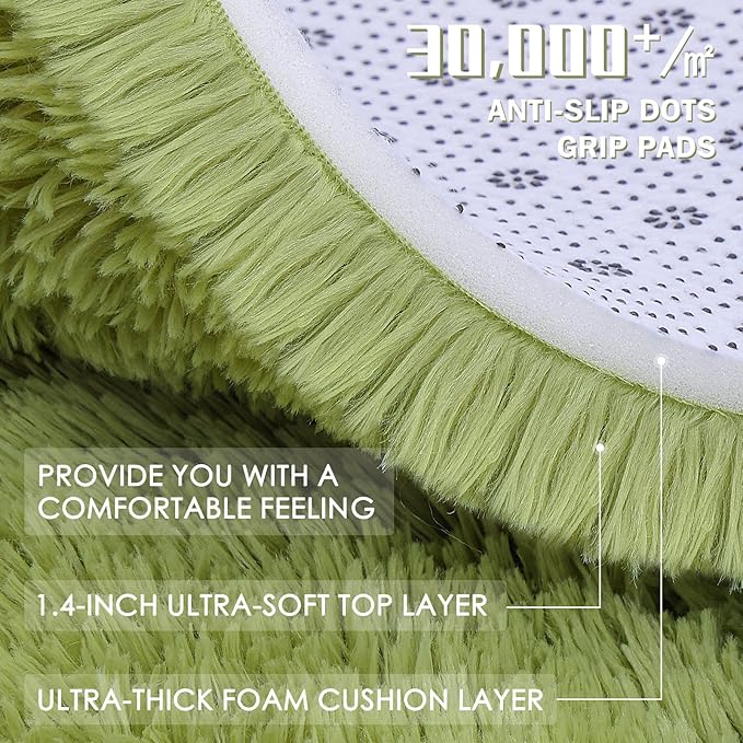 OLANLY Grass Green Round Rugs for Bedroom - Machine Washable, 8 ft Circle Area Rugs for Living Room, Soft and Fluffy Shaggy Carpet for Teen Girls and Boys, Nursery Rooms, Dorms, Home Decor Aesthetic