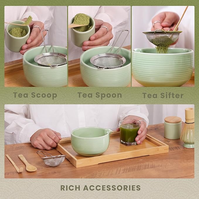 Matcha Whisk Set, Ceramic Matcha Set Includes Matcha Bowl, Matcha Whisk (Chasen) and Holder, Sifter, Bamboo Scoop & Spoon - 6 Pcs Matcha Kit for Matcha Lovers Black