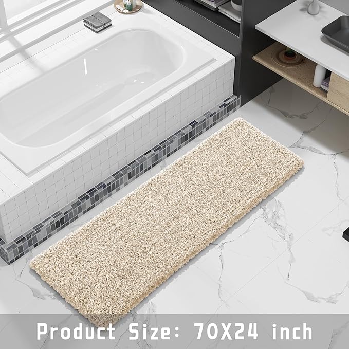 Yimobra Luxury Bathroom Rugs, Fluffy Bath Mats, Non Slip, Water Absorbent Microfiber, Machine Washable, Plush Runner Shower Rugs, Thick Matts for Bathroom Floor/Tub, 70"x 24", Light Beige and White