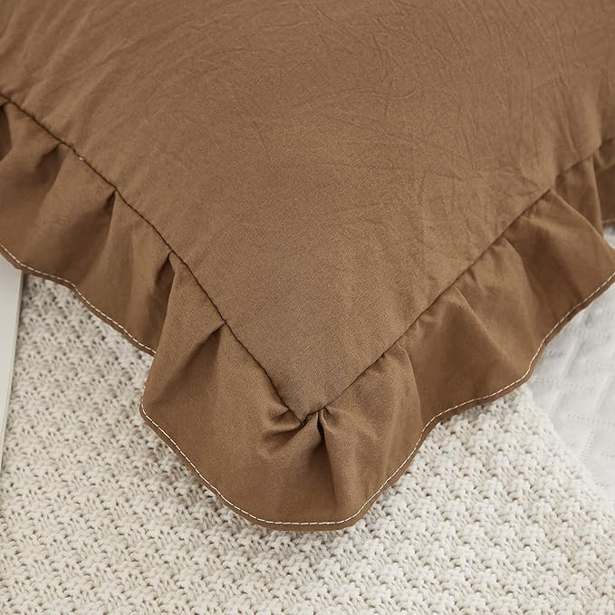 Merryword Brown Ruffle Standard Pillow Shams 20x26inch - Cute Coffee Pillowcases Set of 2 - Shabby Chic Soft Cover 2 Pack