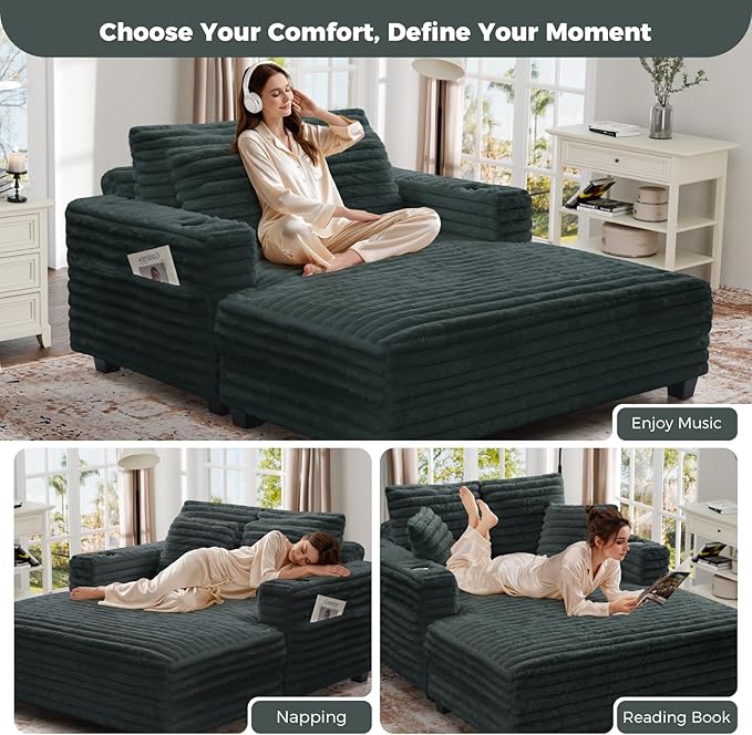 HUSFU 60'' Chaise Lounge Chair Indoor, Oversized Sleeper Sofa, Chaise Lounge Reading Chairs for w/Cup Holder and USB&Type C Port, Fluffy Plush Faux Fur Cloud Sofas Couches for Living Room, Grey Blue