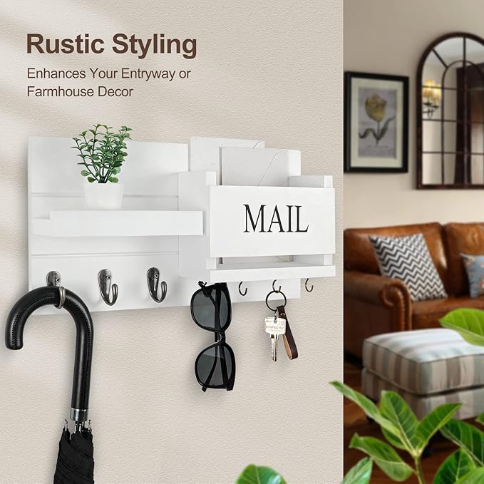 Mail Organizer for Wall Mount – Key Holder with Shelf Includes Letter Holder and Hooks for Hallway Farmhouse Decor – Rustic Wood with Flush Mounting Hardware (16.5” x 9.1” x 3.4”) (White)
