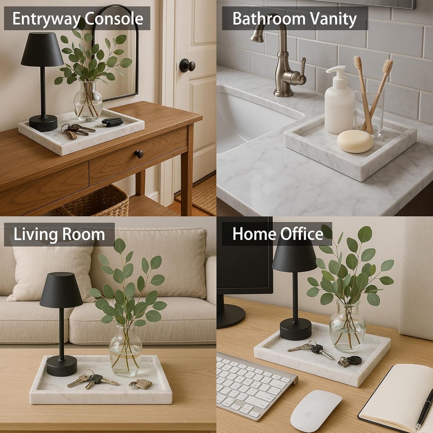 Luxury Square Marble Vanity Tray: Polished 8x8 Decorative Catch-All Tray for Bathroom Kitchen Dresser Makeup Home Organizer, White