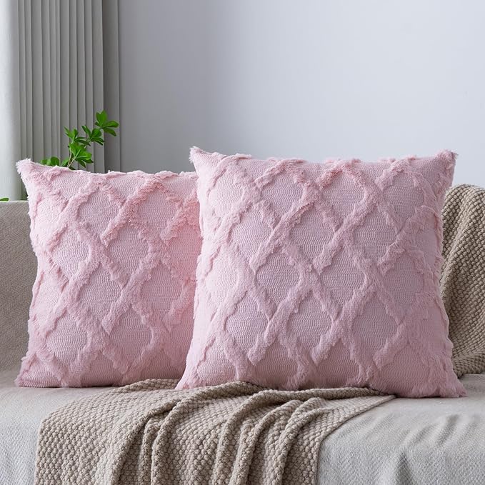 Set of 2 Soft Moroccan Throw Pillow Covers 22x22 Inch Plush Boho Decorative Pillow Cover Accent Cushion Case for Couch Sofa Bed, Light Pink