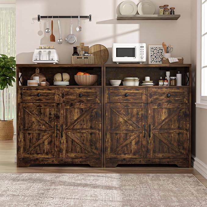 31.5" Rustic Brown Storage Cabinet with Doors and Drawers, Farmhouse Sideboard Buffet Cabinet with Storage, Kitchen Pantry Hutch, Coffee Bar Station Table for Kitchen, Livingroom, Dining Room