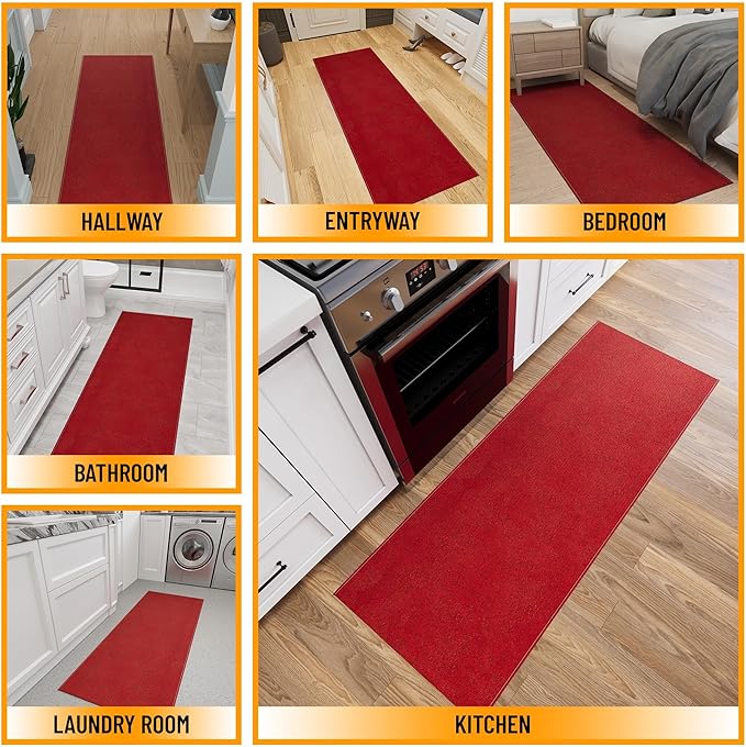 Ottomanson 2'7" x 9' Ultra-Thin Hallway Runner Rug - Durable Non-Slip Carpet for High-Traffic Areas - Fits Under Doors for Seamless Entry - Ideal for Kitchen, Entryway, Bedroom & Living Room, Red