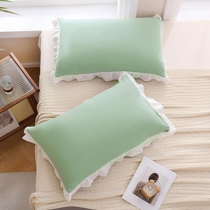 Merryword Green Pillow Shams Green and White Reversible King Pillowcases Cute Pillow Cover Set of 2 Soft Shabby Chic Ruffled Pillowcases 2 Pack (King (20''x36''), Green White)