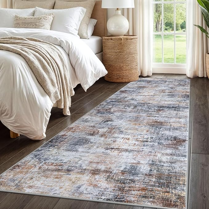 IOHOUZE Abstract Runner Rug 3x8 Ft Washable Runners for Hallways, Non Slip Kitchen Runner Printed Faux Wool Entryway Runner Indoor, Modern Abstract Floor Carpet for Hall Bedroom, Orange Grey
