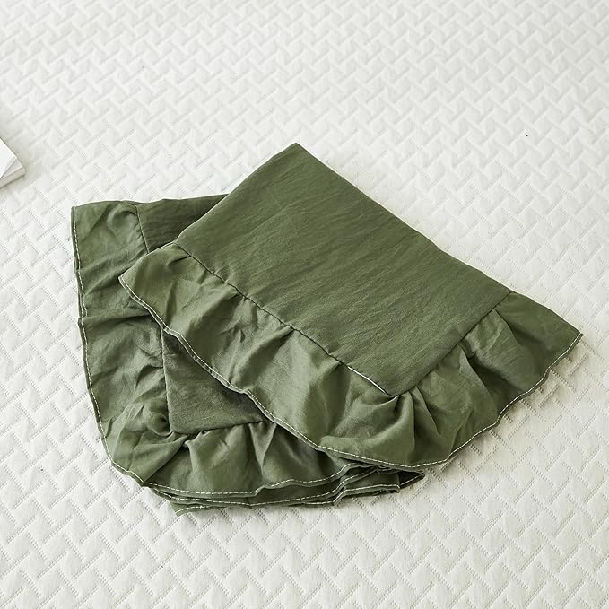 Merryword Olive Green Pillow Shams Standard Pillowcases 20x26inch Dark Green Ruffle Cute Pillow Cover Set of 2 Shabby Chic Soft Microfiber
