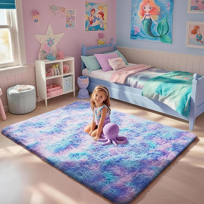 Ophanie Girls Room Rug Rainbow Purple Mermaid Rugs for Bedroom, Fluffy Soft Cute Fuzzy Area Rugs, Shag Plush Shaggy Bedside Floor 4x6 Furry Carpet for Kids Baby Teen Dorm Nursery Home Decor Aesthetic