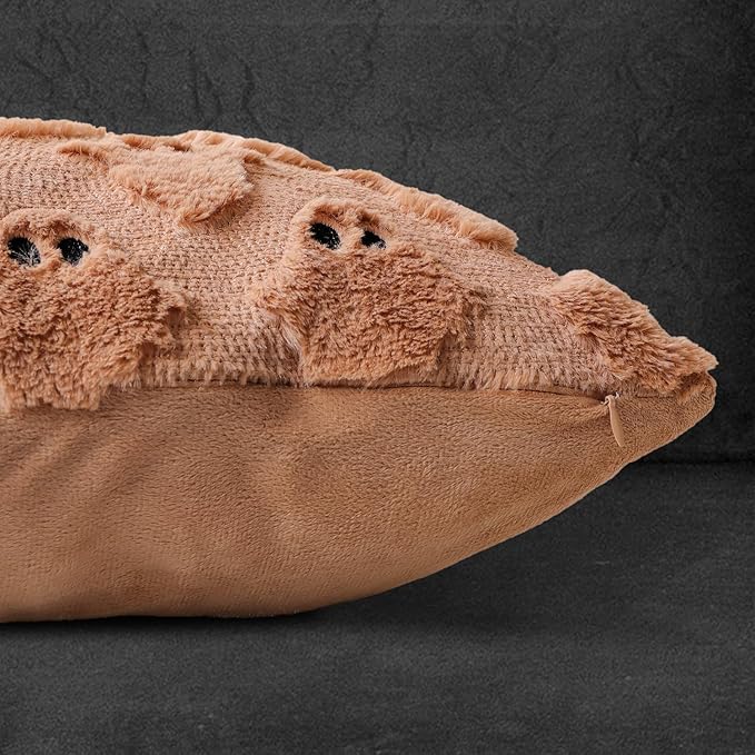 4TH Emotion Halloween Ghost Decorative Lumbar Pillow Covers 12x20 Set of 2, Light Brown Soft Plush Faux Fur Farmhouse Throw Cushion Cases for Fall Autumn Holiday Home Decorations