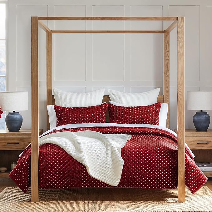 Levtex Home - Cross Stitch Velvet Red Quilt Set - King Quilt + Two King Pillow Shams - Cross Stitched Pattern - Quilt Size (106x92in.) and Pillow Sham Size (36x20in.) - Reversible