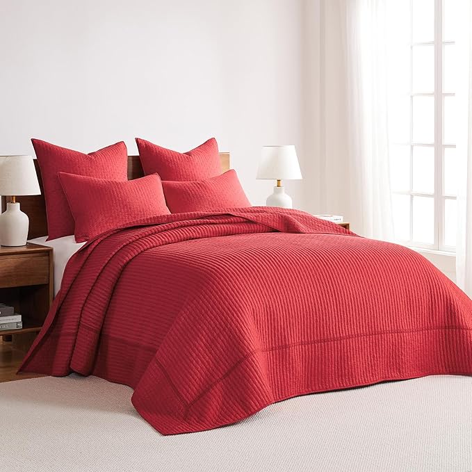 Levtex Home Cross Stitch Reversible Queen Bedspread Set (104x106in) with 2 Pillow Shams (26x20in) - Stitch Texture - Chile Red - Cotton Queen Size Bedspread Set - Lightweight, Soft, Pre-Washed