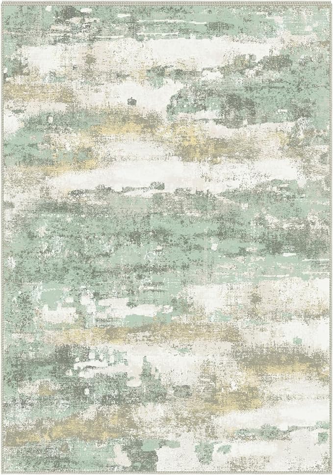 3x5 Rugs for Entryway Entrance Kitchen, Machine Washable Modern Abstract Soft Area Rug, Low Pile Indoor Floor Carpet with Non Slip Backing, Light Green/Cream