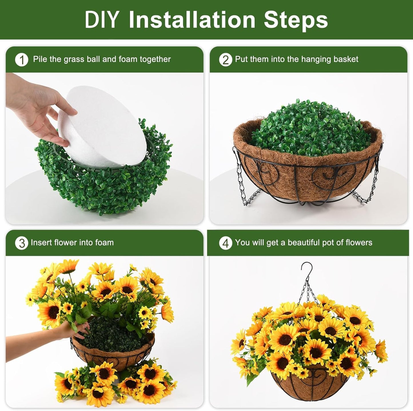 Homsunny Artificial Sunflowers Fake Hanging Flowers Plants Baskets for Outdoor Fall Decoration, Faux Silk Flowers Look Real UV Resistant for Porch Patio Garden Autumn Home Decor