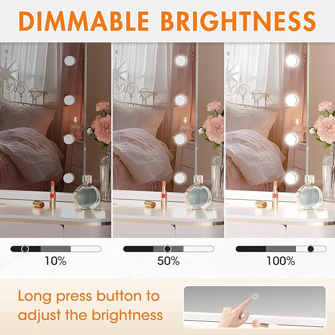 32''X22'' Hollywood Vanity Mirror with Lights, Rounded Rectangle White Frame, 3 Color Lighting Modes & Stepless Dimming, USB & Type-C Charging Port, Wall Mounted Or Tabletop