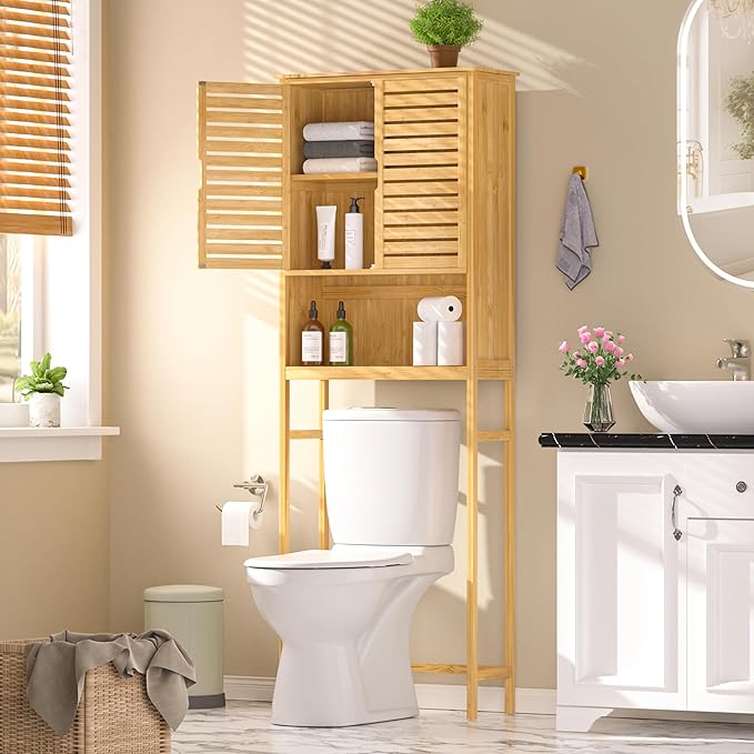 MUPATER 67" H Bathroom Over-The-Toilet Storage Cabinet with Doors and Shelves, Bamboo Over Toilet Organizer, Freestanding Tall Space Saver Toilet Rack, Natural Wood
