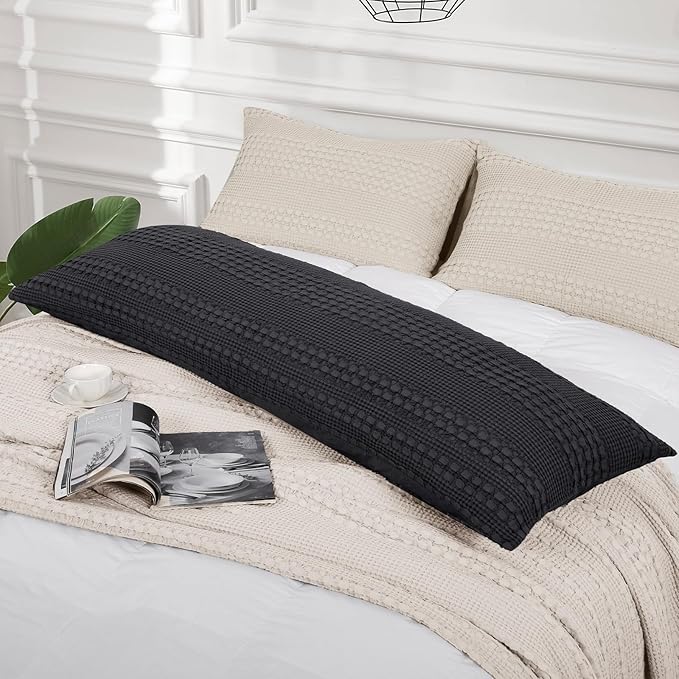 PHF 100% Cotton Waffle Body Pillowcase with Zipper, 1 Pack 20" x 54" Soft Skin-Friendly Pillow Sham, No Filling, Aesthetic Woven and Breathable Waffle Weave Body Pillow Cover for Bed, Black