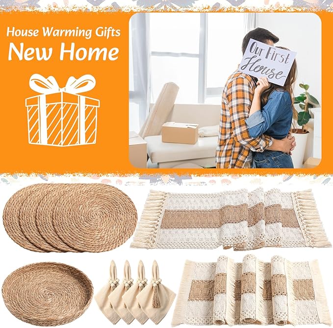 4 Sets Boho Placemats Round Woven Placemats, Cloth Napkins, Wood Bead Napkin Rings, Long Table Runner and Farmhouse Rustic Placemats Natural Burlap Cotton for Kitchen Dining Table Home