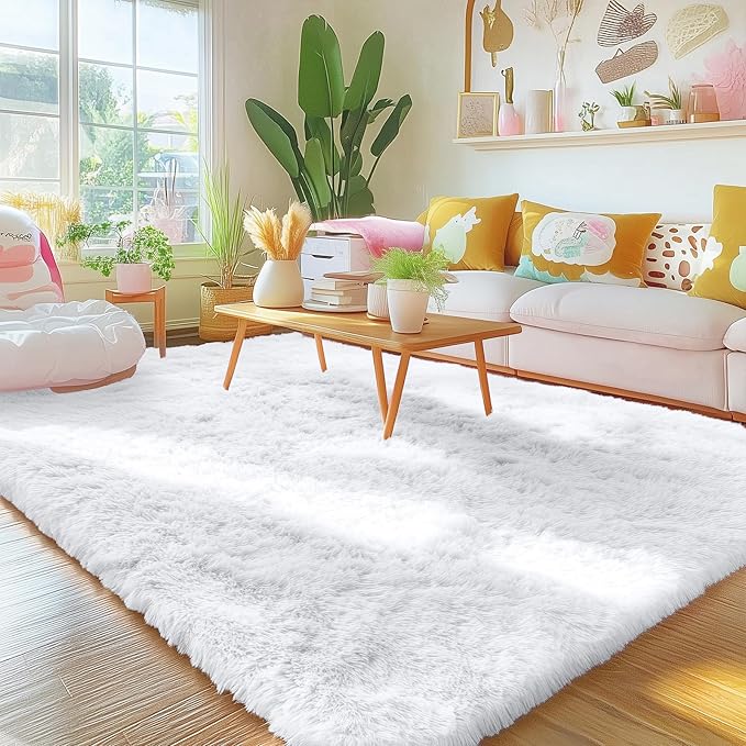 OLANLY 5x8 Machine Washable Large Area Rugs for Living Room, Bedroom, Soft Fluffy Shaggy Bedside Rug, Indoor Floor Carpet for Kids Girls and Boys, Dorms, Nursery, Home Decor Aesthetic, White