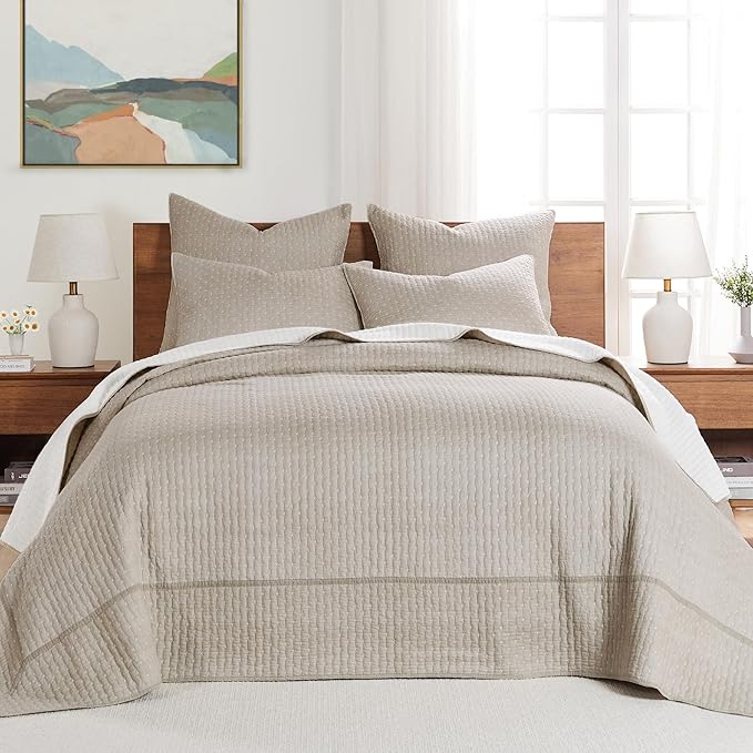 Levtex Home Cross Stitch Reversible Queen Bedspread Set (104x106in) with 2 Pillow Shams (26x20in) - Stitch Texture - Taupe - Cotton Queen Size Bedspread Set - Lightweight, Soft, Pre-Washed