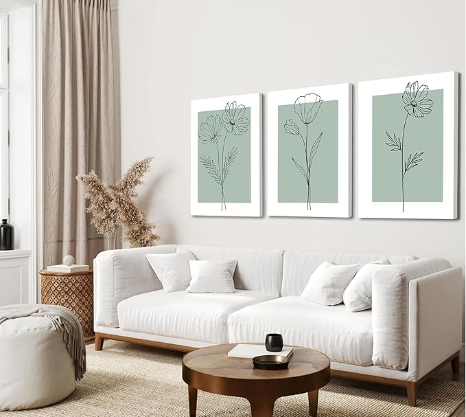 3 Line Flower Canvas Wall Art - Minimalist Botanical Flower Paintings for Living Room, Bedroom, Bathroom Decor