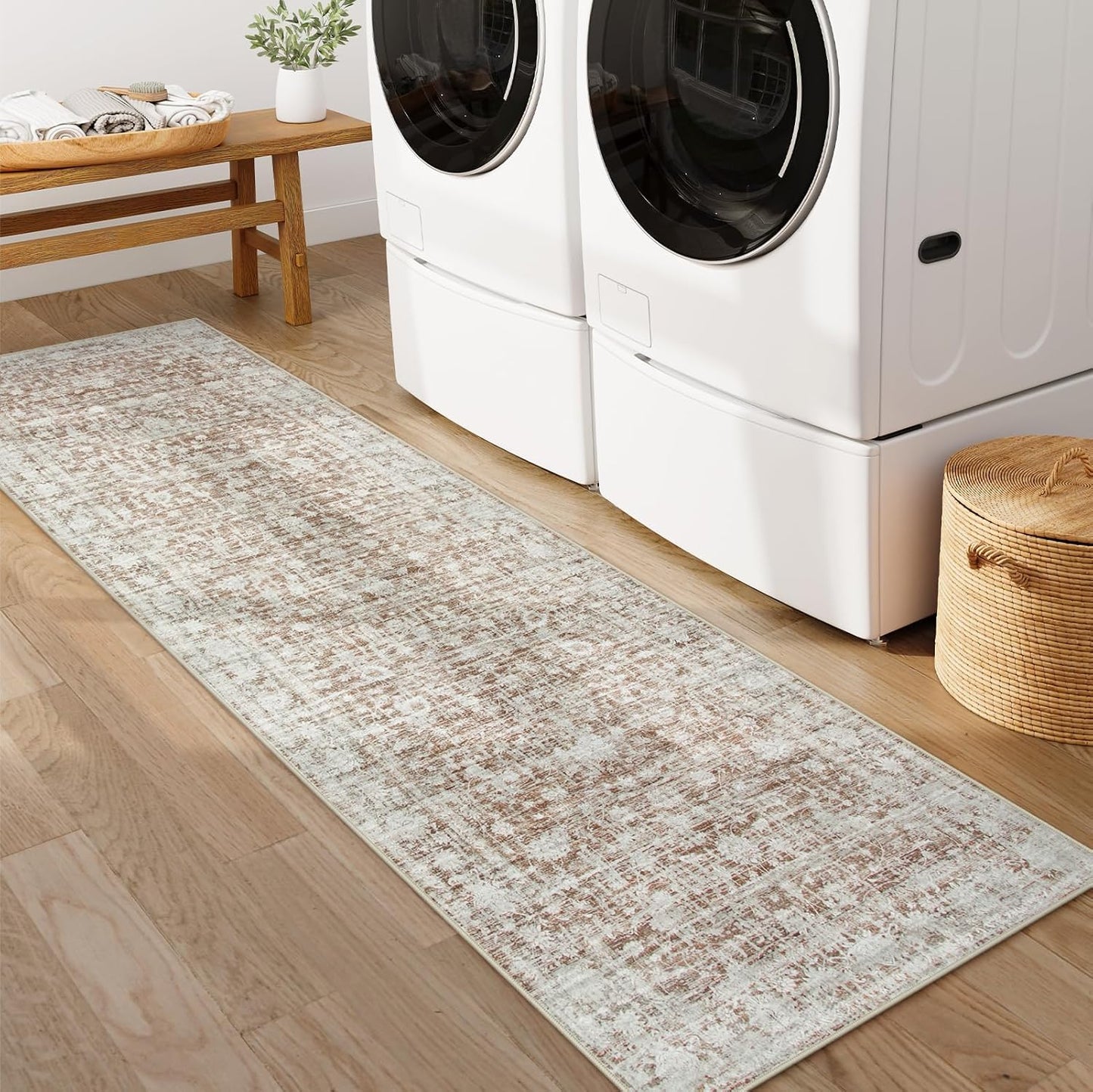 Vintage Hallway Runner Rug, 2'6"x8' Machine Washable Rug Runners for Kitchen Runner Rug Non Slip, Ultra-Thin Soft Carpet Runner for Bedroom Bathroom Laundry Room (2.6x8, Khaki/White)