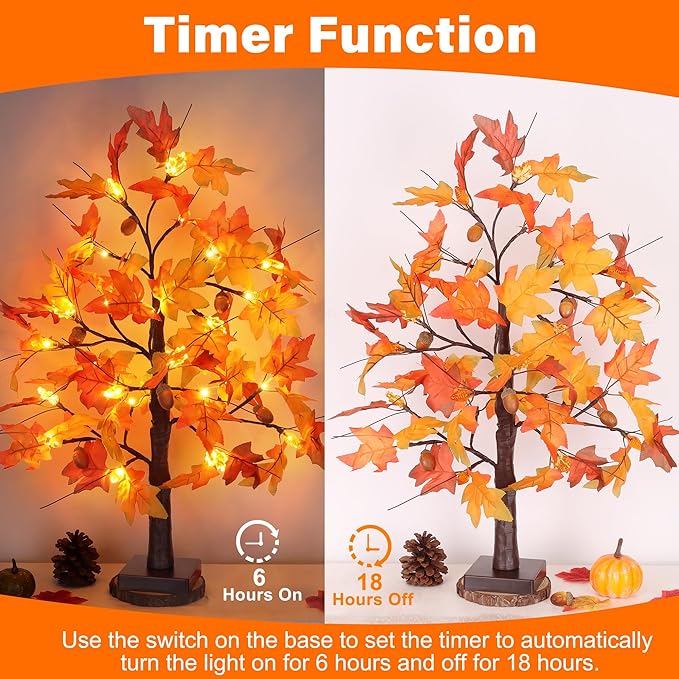 2 Pack 24 Inch Fall Maple Tree with Lights Battery Operated Lighted Tabletop Artificial Tree with Pumpkin Acorn Maple Fall Centerpieces Indoor Fall Decorations for Home Office Thanksgiving Table Decor