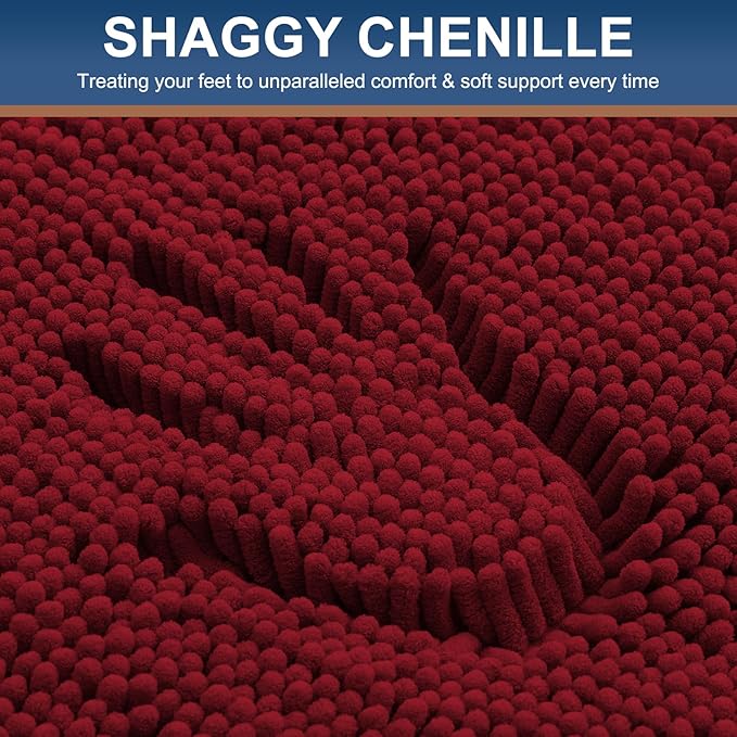 Smiry Luxury Chenille Bathroom Rugs 30x20, Extra Soft and Absorbent Shaggy Bath Mat, Machine Washable, Non-Slip Plush Carpet Runner for Tub, Shower, and Floor, Home Decor Accessories, Red