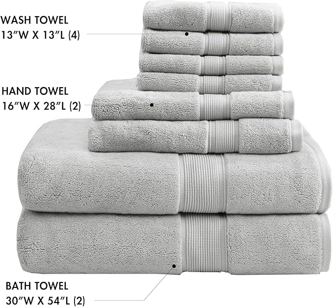 Madison Park 800GSM Bathroom Towel Set of 8 100% Cotton Bath Towel Set for Bathroom Luxurious Highly Absorbent 2 Bath Towels 2 Hand Towels 4 Washcloths Quick Dry Spa Quality Silver