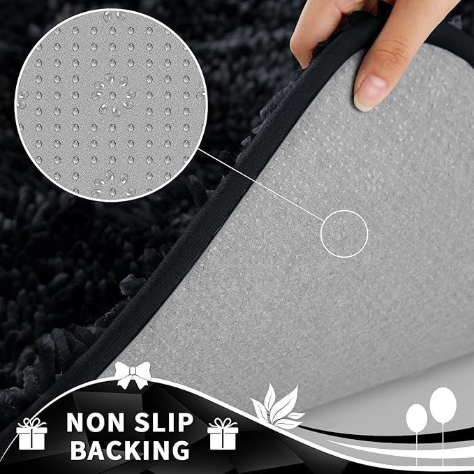 Yimobra Toilet Rugs U Shaped Washable, Extra Thick Soft Absorbent Chenille Contour Bathroom Rugs for Toilet 24x24 Inch, Quick Dry Non Slip Toilet Mat for Bath Floor, Black