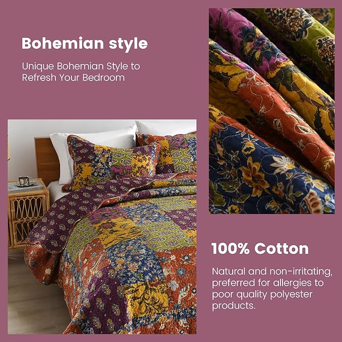 Secgo Queen Comforter Set for Bed - 100% Cotton Quilts Queen Size, Black Bedspreads (90 * 98 Inch) with 2 Pillow Shams, Patchwork Reversible Lightweight Bedding