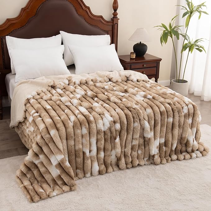 Throw Blanket for Couch - 108" x 90" Faux Rabbit Fur Throw Blanket Cozy Soft Warm Blankets for Bed Sofa Bedroom Living Room Fluffy Striped Blankets for Fall Winter, Home Decor, Brown