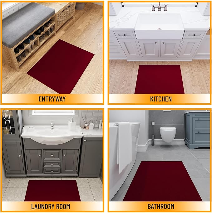 Ottomanson Rugs for Entryway 2'3" x 3' Non Slip Solid Small Area Rugs Durable Front Door Mat Rug Stain Resistant Entrance Rugs for Bathroom Kitchen Bedroom & Living Room, Red
