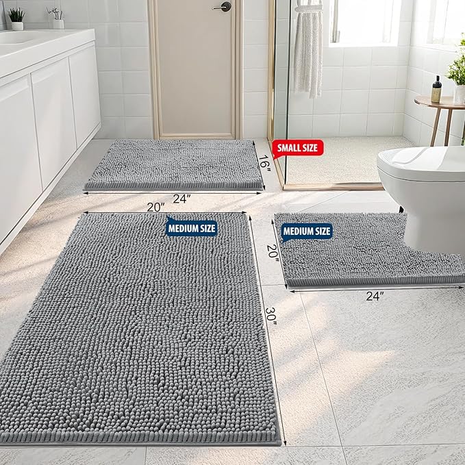 Smiry Luxury Chenille Bathroom Rugs 34x21, Extra Soft and Absorbent Shaggy Bath Mat, Machine Washable, Non-Slip Plush Carpet Runner for Tub, Shower, and Floor, Home Decor Accessories, Grey