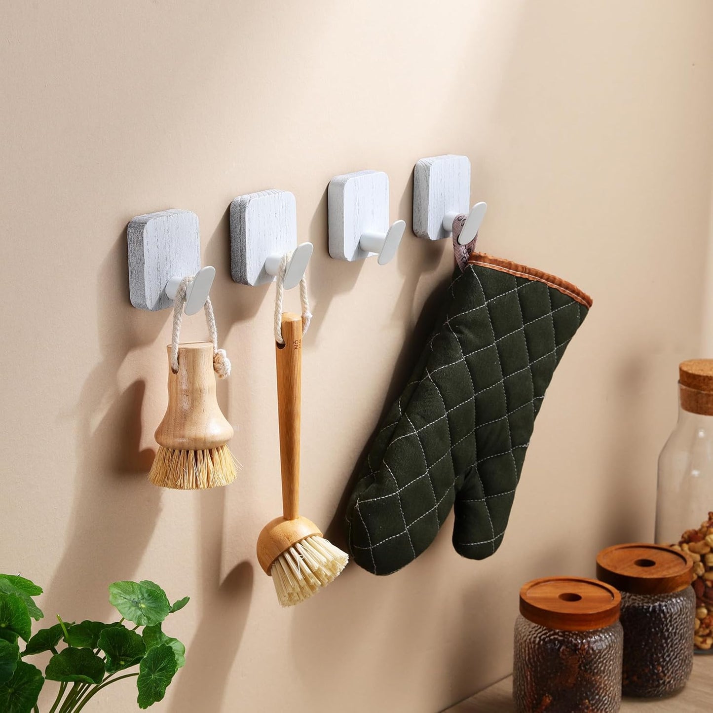 DELITON Wood Wall Hooks, Adhesive Towel Hooks for Hanging Wall Mounted, 4 Packs Coat Robes Hats Command Hook Heavy Duty No Damage, White