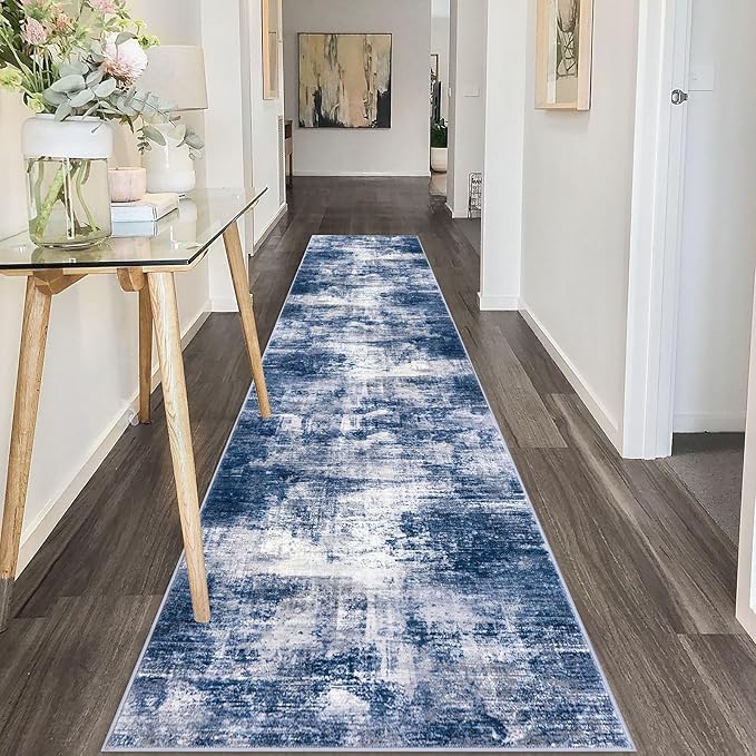 IOHOUZE Abstract Runner Rug 2x10 Ft Washable Runners for Hallways, Non Slip Kitchen Runner Printed Faux Wool Entryway Runner Indoor, Modern Abstract Floor Carpet for Hall Kitchen, Navy/Grey