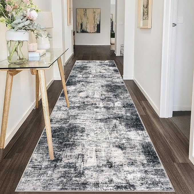 IOHOUZE Abstract Runner Rug 3x10 Ft Washable Runners for Hallways, Non Slip Kitchen Runner Printed Faux Wool Entryway Runner Indoor, Modern Abstract Floor Carpet for Hall Kitchen Bedroom, Black Grey