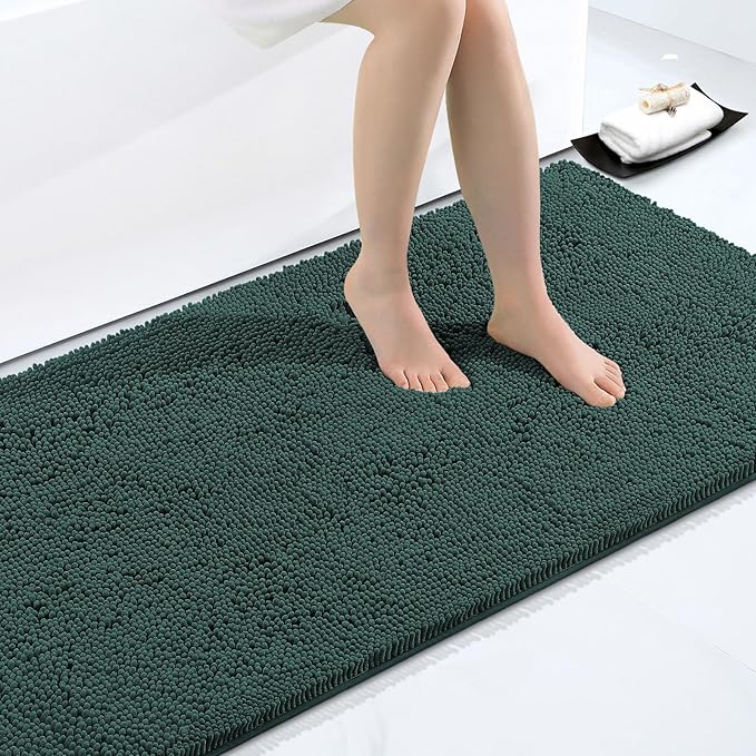 Smiry Luxury Chenille Bathroom Rugs 40x32, Extra Soft and Absorbent Shaggy Bath Mat, Machine Washable, Non-Slip Plush Carpet Runner for Tub, Shower, and Floor, Home Decor Accessories, Green