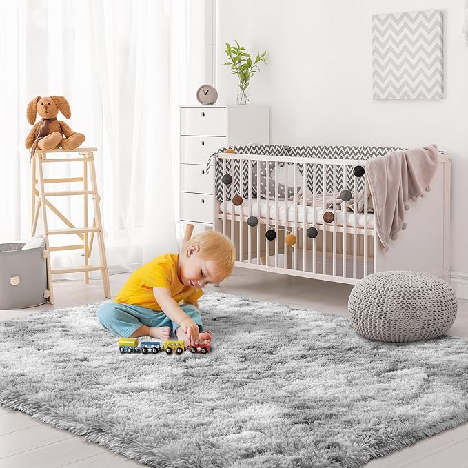 3x5 Tie Dyed Grey Small Throw Rug for Entryway Non Slip, Mini Fluffy Grey Rugs for Bedroom, Plush Furry Cozy Front Entrance Indoor Floor Carpet Home Decor Aesthetic Nursery