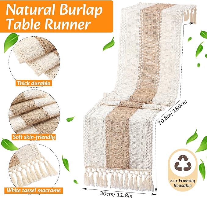 4 Sets Boho Placemats Round Woven Placemats, Cloth Napkins, Wood Bead Napkin Rings, Long Table Runner and Farmhouse Rustic Placemats Natural Burlap Cotton for Kitchen Dining Table Home