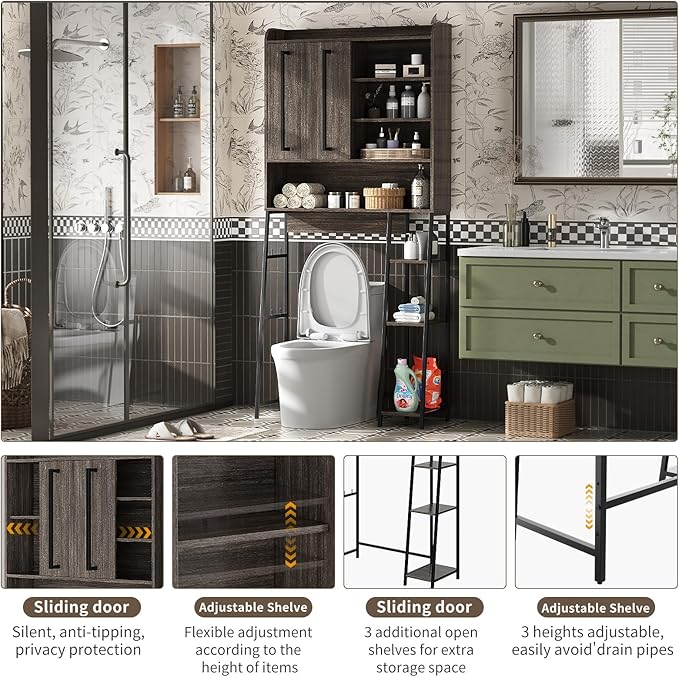VFK Over The Toilet Storage Cabinet with Sliding Door, Farmhouse Bathroom Organizer with Adjustable Shelves for Small Spaces, Sturdy Metal Frame Above Toilet Cabinet,31.5" L x 7.7" W x 66.9" H