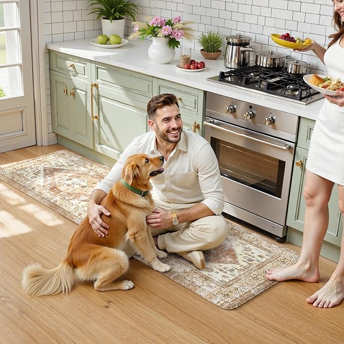 KIMODE Kitchen Runner Rug,17.3" x 59" Farmhouse Anti Fatigue Kitchen Mats for Floor Cushioned,Non-Slip Waterproof Comfort Thick Kitchen Floor Standing Mat for Front Sink,Laundry Room,Mutil-Khaki