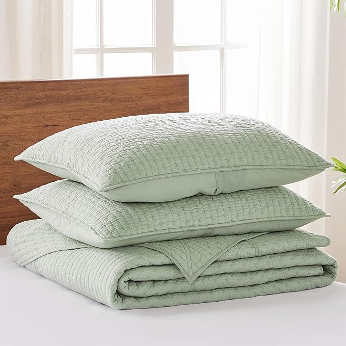 Levtex Home Cross Stitch Reversible Queen Bedspread Set (104x106in) with 2 Pillow Shams (26x20in) - Stitch Texture - Desert Sage - Cotton Queen Size Bedspread Set - Lightweight, Soft, Pre-Washed