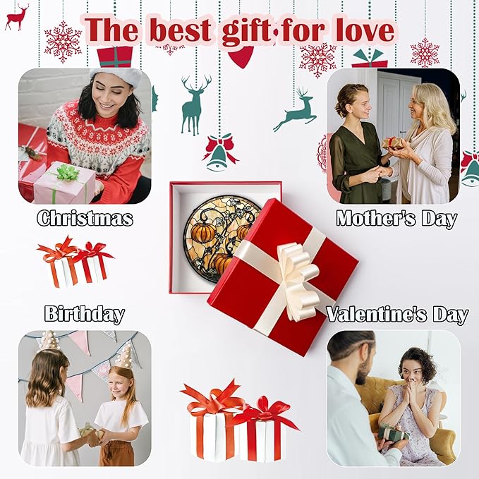 Stained Glass Window Hanging - Halloween Decoration Orange Pumpkin Vine Leaves Suncatcher for Door Garden Spooky Sun Catchers Gothic Decor Horror Gifts for Women Men Friend Boy Girl 6.3 in