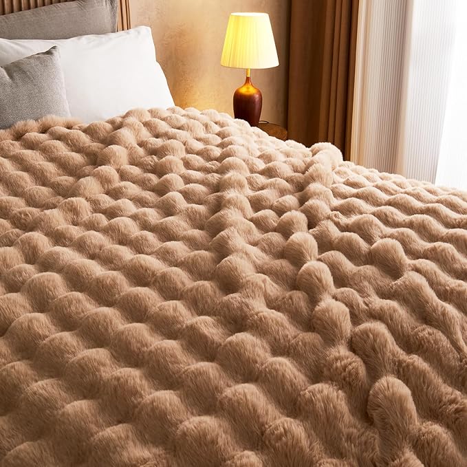 Lotus Karen Faux Fur Throw Blanket Khaki - Big Bubble Rabbit Fluff Blanket for Couch, Small Fluffy Fuzzy Cozy Blanket, Thick Furry Plush Shaggy Blankets, 50x60 Inches