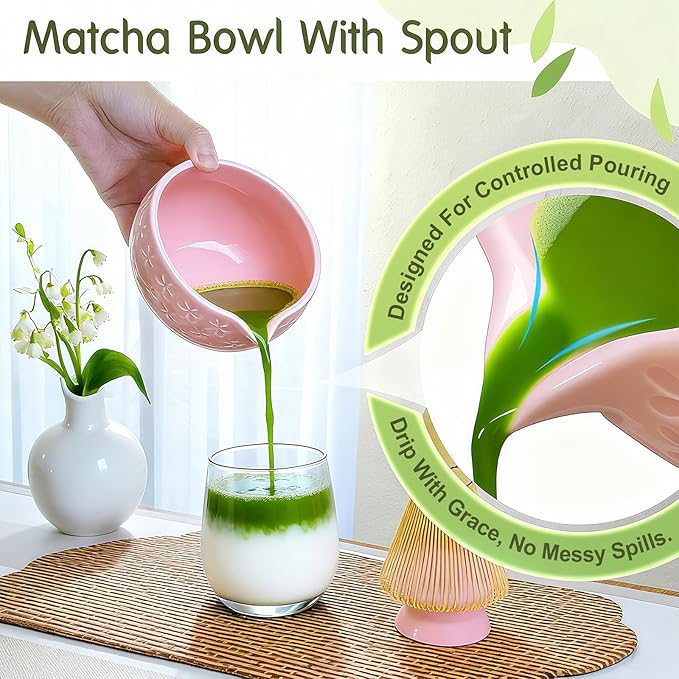 Matcha Whisk Set Matcha Kit: Ceramic Matcha Bowl, Matcha Whisk Holder, Bamboo Whisk(Chasen), Bamboo Scoop, 4Pcs Matcha Tea Set for Matcha Lover, Family Christmas Birthday Gift (Pink)